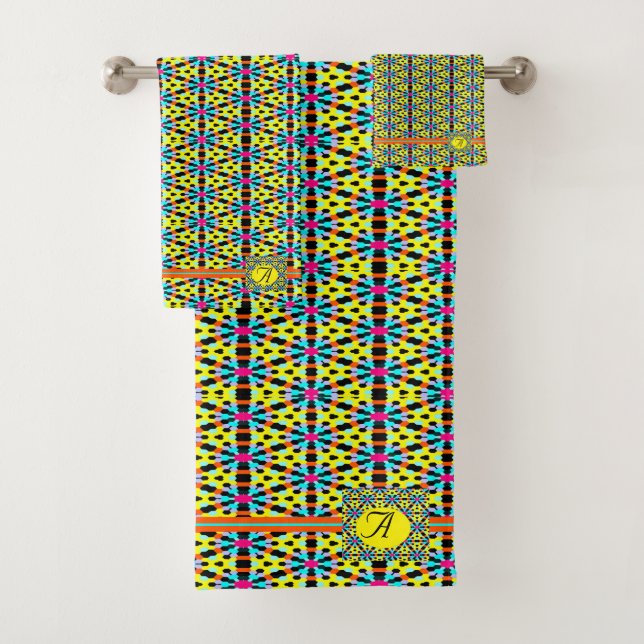 Conjunto De Toalhas Monograma Amarelo Brilho/Aqua/Stripes/triângulos v (Insitu)