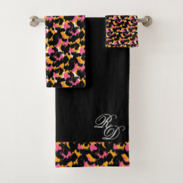 Conjunto De Toalhas Monograma Animal Impresso Rosa Laranja Preto