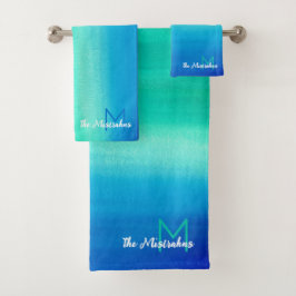 Conjunto De Toalhas Monograma Aquarela Oceano Azul Verde Ombre Praia
