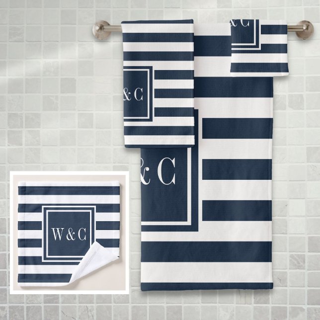 Conjunto De Toalhas Monograma azul de faixa branca Marinho elegante (Elegant Navy Blue White Stripe Monogram Bath Towel Set)