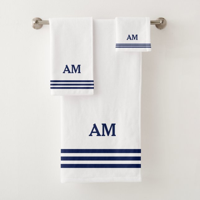 Conjunto De Toalhas Monograma Azul e Três Listras em Branco (Insitu)