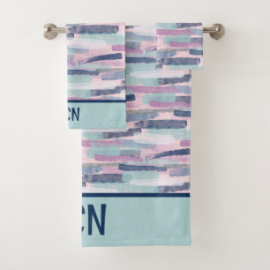 Conjunto De Toalhas Monograma Azul Marinho Azul Claro Roxo Branco Abst
