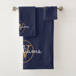 Conjunto De Toalhas Monograma Azul Marinho e Dourado Elegante