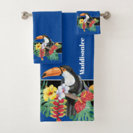 Conjunto De Toalhas Monograma Azul Tropical Nome Toucan Bathroom