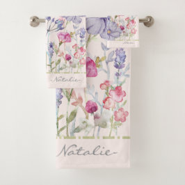 Conjunto De Toalhas Monograma bela aguarela floral rosa pastel