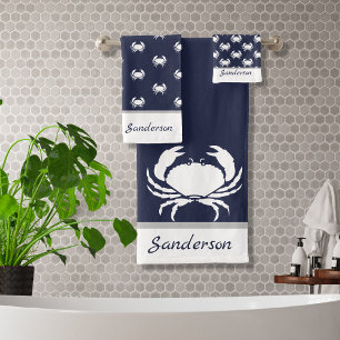 Conjunto De Toalhas Monograma branco azul marinho de caranguejo