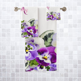 Conjunto De Toalhas Monograma branco de florais violeta