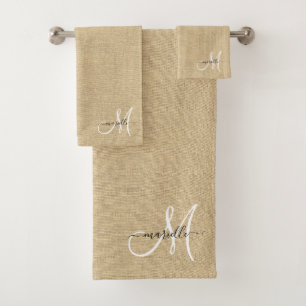 Conjunto De Toalhas Monograma Branco Faux Linen Straw Caramel