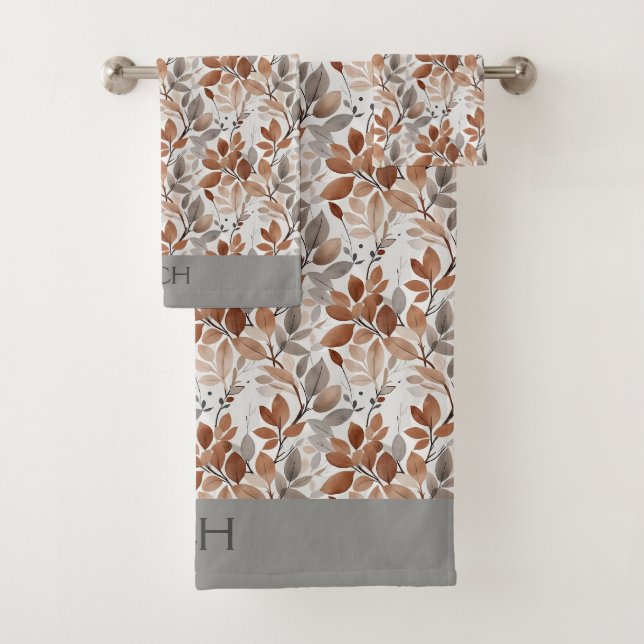 Conjunto De Toalhas Monograma Cinza Marrom Bege Folha Botânico (Insitu)