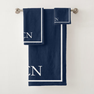 Conjunto De Toalhas Monograma Clássico Azul Marinho Branco Bordado