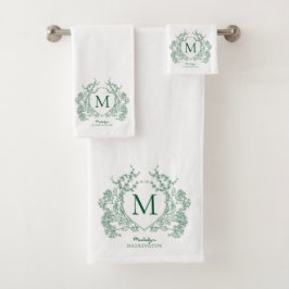 Conjunto De Toalhas Monograma Clássico Botânico Verde Floral Crista