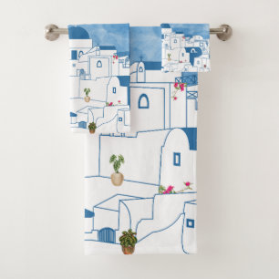 Conjunto De Toalhas Monograma da Grécia Santorini com Cor Azul e Branc