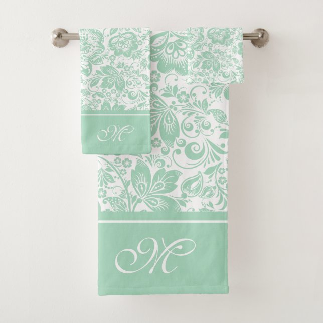 Conjunto De Toalhas Monograma das damascos de vindima verde-mint e bra (Insitu)
