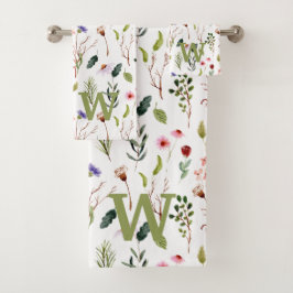 Conjunto De Toalhas Monograma de Aquarela de Flor Silvestre Rosa e Ver