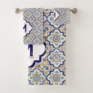 Conjunto De Toalhas Monograma de Azulejos Botânicos de Vintage