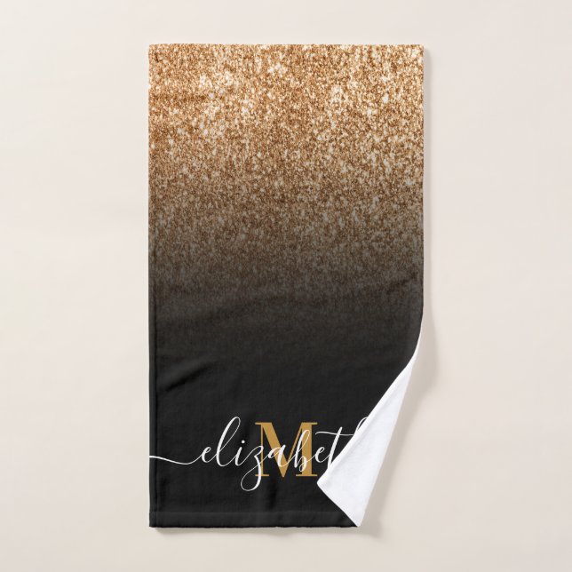 Conjunto De Toalhas Monograma de brilho preto e Ouro (Toalha de mão)