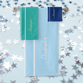 Conjunto De Toalhas Monograma de faixas brancas de cor azul-múltiplas