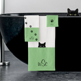 Conjunto De Toalhas Monograma de Gato Sneaky Verde