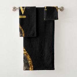 Conjunto De Toalhas Monograma de Glitter de Geodo de Agato Preto e Dou