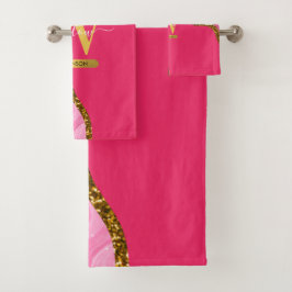 Conjunto De Toalhas Monograma de Glitter de Geodo de Agato Rosa e Dour