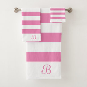 Conjunto De Toalhas Monograma de listras brancas e rosa