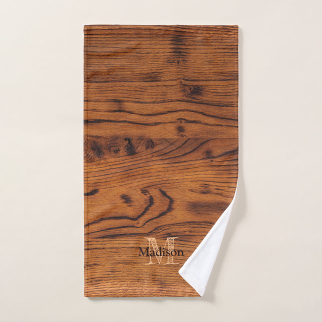 Conjunto De Toalhas Monograma de madeira queimada marrom rústica vinta (Toalha de mão)