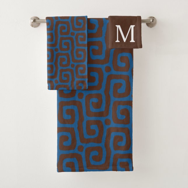 Conjunto De Toalhas  Monograma de nome com padrão abstrato azul e marr (Insitu)
