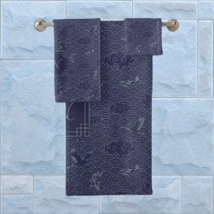 Conjunto De Toalhas Monograma de Ondas Tradicionais em Japonês Azul Se