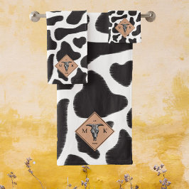 Conjunto De Toalhas Monograma de Padrão Animal de Vaca Preta e Branca