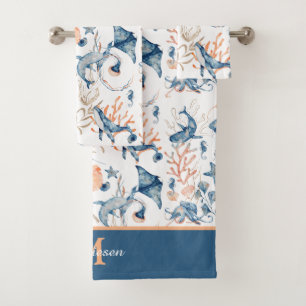 Conjunto De Toalhas Monograma de Padrão do Oceano Azul
