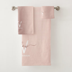 Conjunto De Toalhas Monograma de poeira cinzenta rosada e Dourada, cor