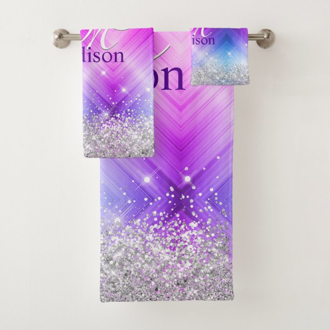 Conjunto De Toalhas Monograma de relva prateada, púrpura, escovado e e (Insitu)