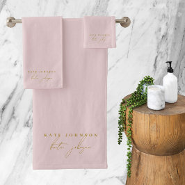 Conjunto De Toalhas Monograma de Script de Assinatura Dourada rosa