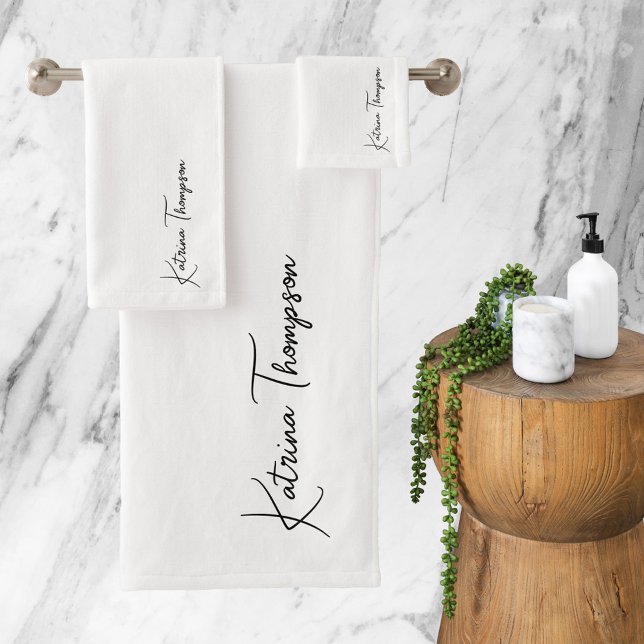 Conjunto De Toalhas Monograma de Script de Assinatura Moderna Branco (Criador carregado)