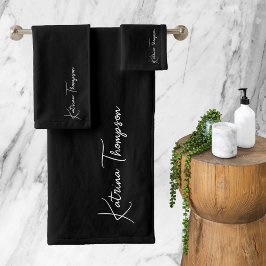 Conjunto De Toalhas Monograma de Script de Assinatura Moderna Preto