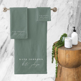 Conjunto De Toalhas Monograma de Script de Assinatura Verde Sage