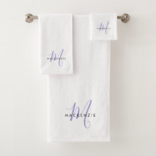 Conjunto De Toalhas Monograma de Script de Lavanda Branca Moderno Eleg