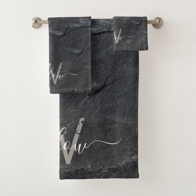 Conjunto De Toalhas Monograma de Script de Pedra de Cinza de carvão na (Insitu)