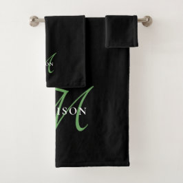 Conjunto De Toalhas Monograma de Script Verde Preto Moderno Elegante