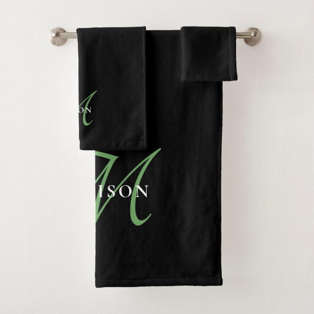 Conjunto De Toalhas Monograma de Script Verde Preto Moderno Elegante (Insitu)