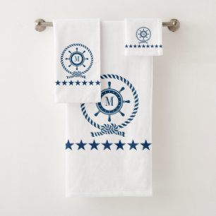 Conjunto De Toalhas Monograma do nó de roda náutica branco marinho-azu