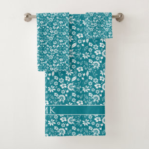 Conjunto De Toalhas Monograma do Padrão Floral Azul Turquoise bonito