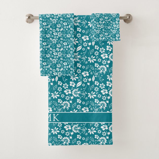 Conjunto De Toalhas Monograma do Padrão Floral Azul Turquoise bonito (Insitu)