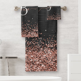 Conjunto De Toalhas Monograma do Sparkle preto com brilho Dourado com
