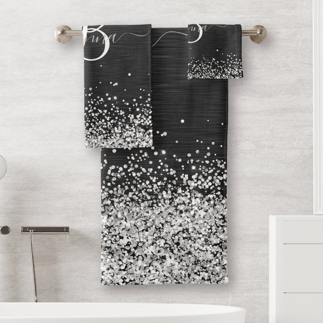 Conjunto De Toalhas Monograma do Sparkle Preto com Glitter de Prata Pe (Criador carregado)