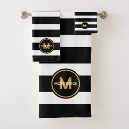 Conjunto De Toalhas Monograma Dourado da Família de Stripes Brancas N