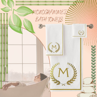 Conjunto De Toalhas Monograma Dourado de Creme Elegante Moderno