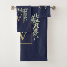 Monograma Dourado de Verdura Floral Azul Naval