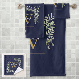 Conjunto De Toalhas Monograma Dourado de Verdura Floral Azul Naval