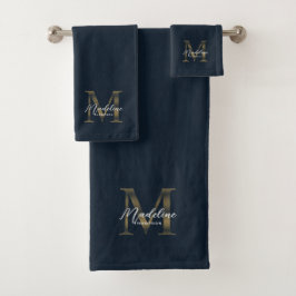 Conjunto De Toalhas Monograma Dourado Metálico Azul Marinho Script Min